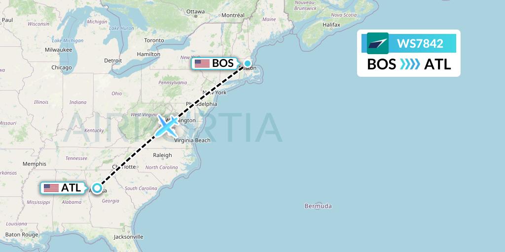 WS7842 WestJet Flight Map: Boston to Atlanta
