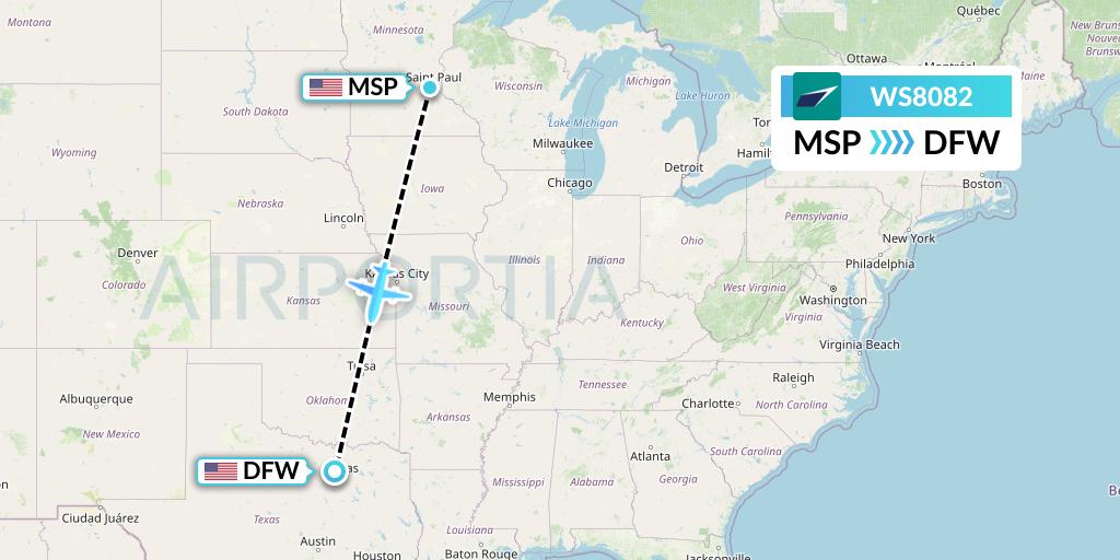 WS8082 WestJet Flight Map: Minneapolis to Dallas