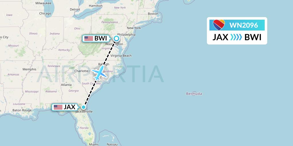 WN2096 Southwest Airlines Flight Map: Jacksonville to Baltimore