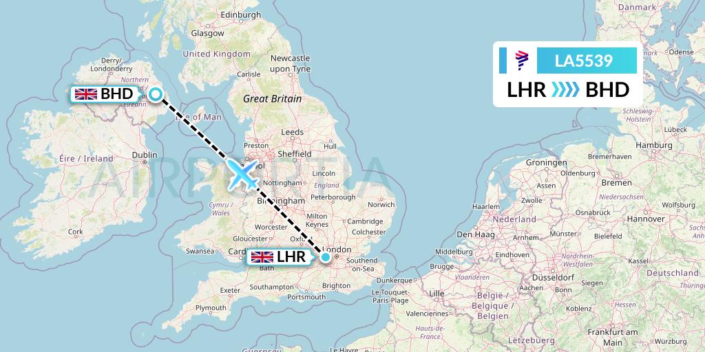 LA5539 LAN Airlines Flight Map: London to Belfast