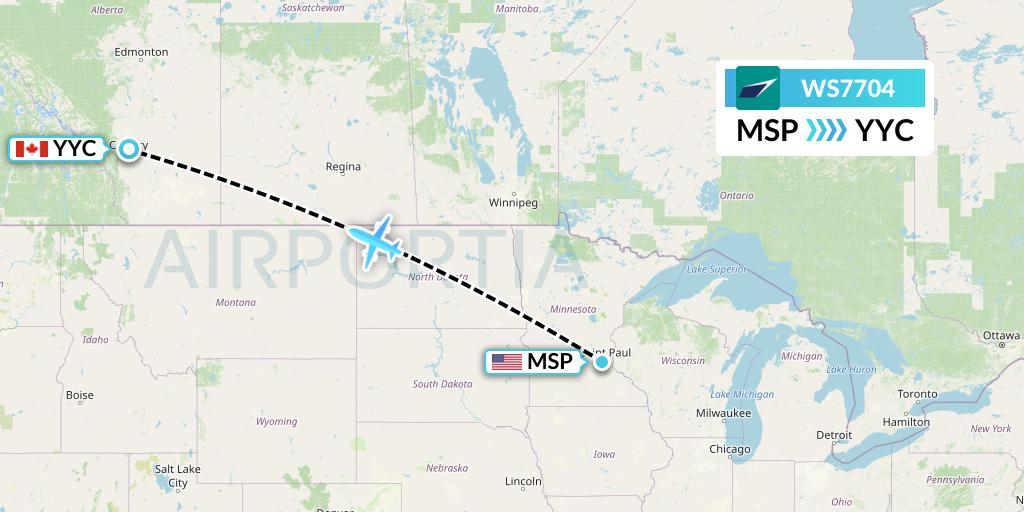 WS7704 WestJet Flight Map: Minneapolis to Calgary
