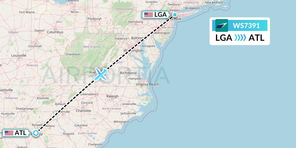 WS7391 WestJet Flight Map: New York to Atlanta