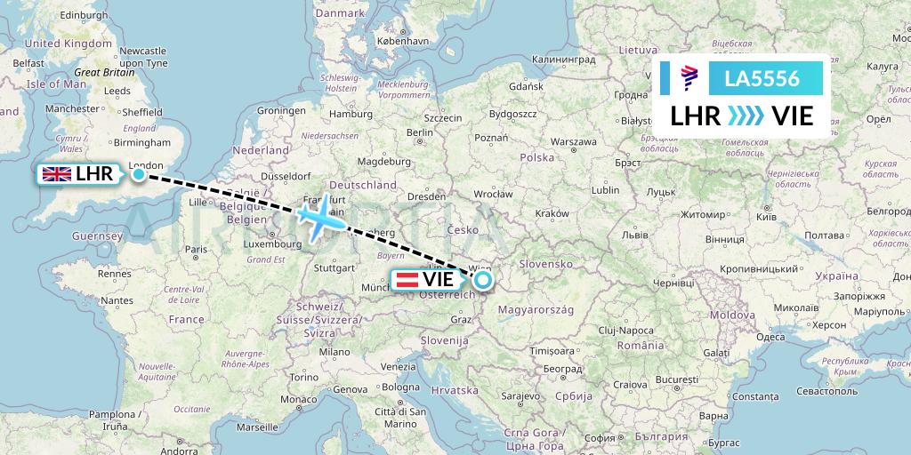 LA5556 LAN Airlines Flight Map: London to Vienna