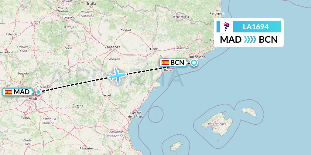 LA1694 LAN Airlines Flight Map: Madrid to Barcelona