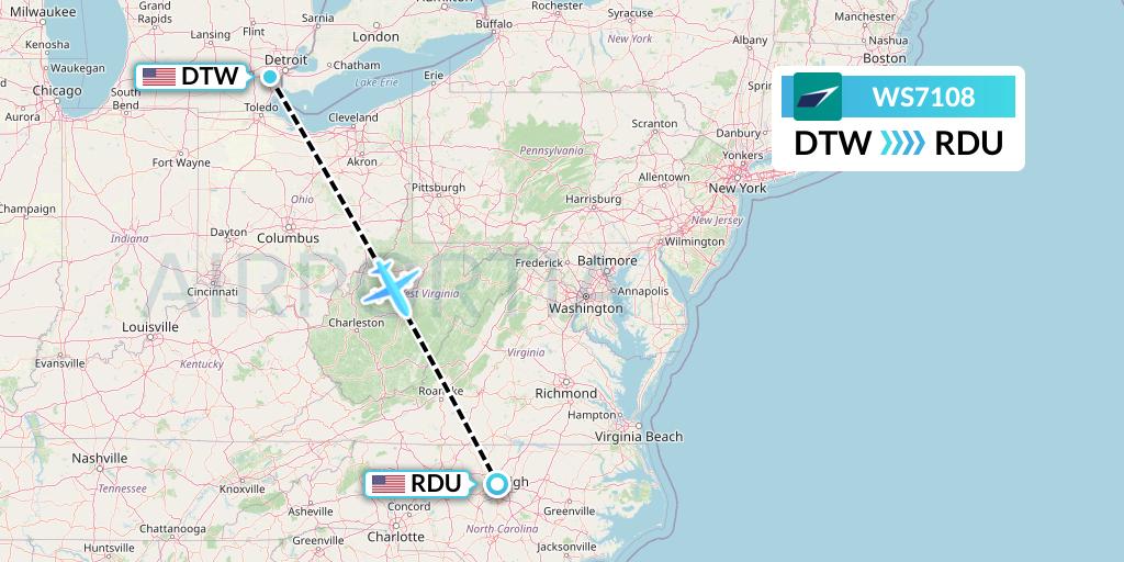 WS7108 WestJet Flight Map: Detroit to Raleigh-Durham