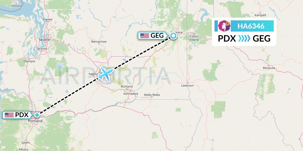 HA6346 Hawaiian Airlines Flight Map: Portland to Spokane