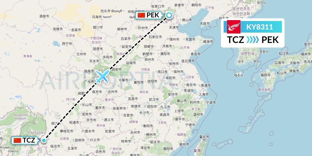 KY8311 Kunming Airlines Flight Map: Tengchong to Beijing