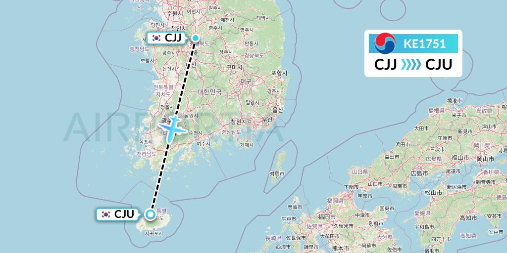 KE1751 Korean Air Flight Map: Cheongju to Jeju