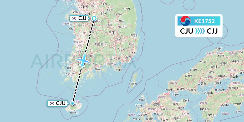 KE1752 Korean Air Flight Map: Jeju to Cheongju