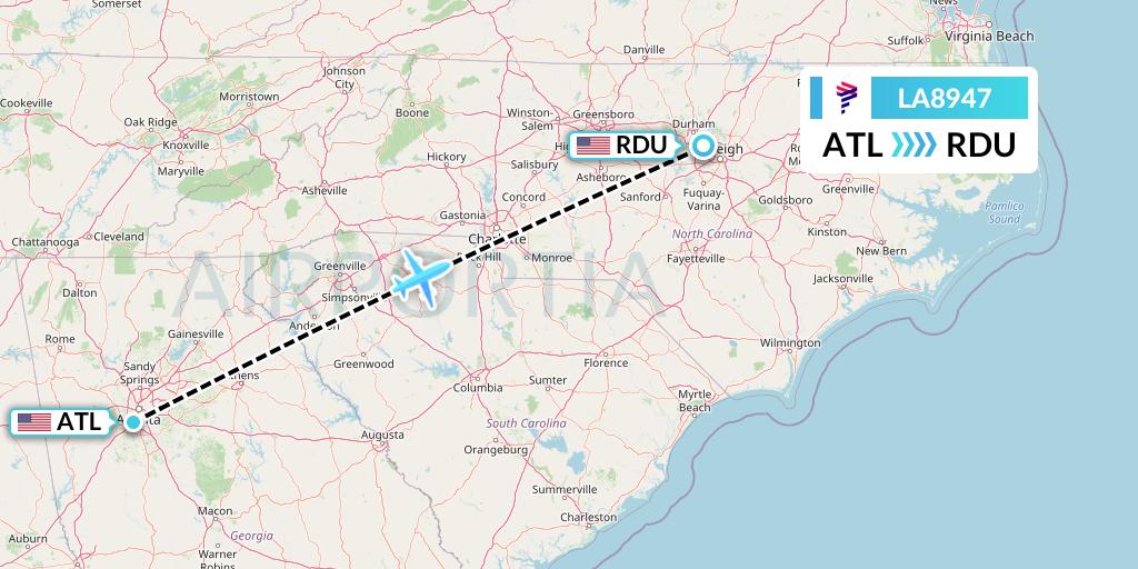 LA8947 LAN Airlines Flight Map: Atlanta to Raleigh-Durham
