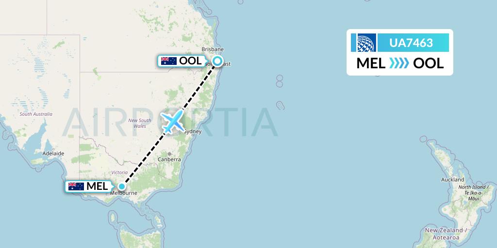 UA7463 United Airlines Flight Map: Melbourne to Gold Coast