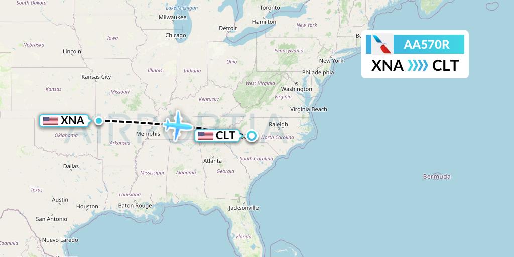 AA570R American Airlines Flight Map: Bentonville to Charlotte