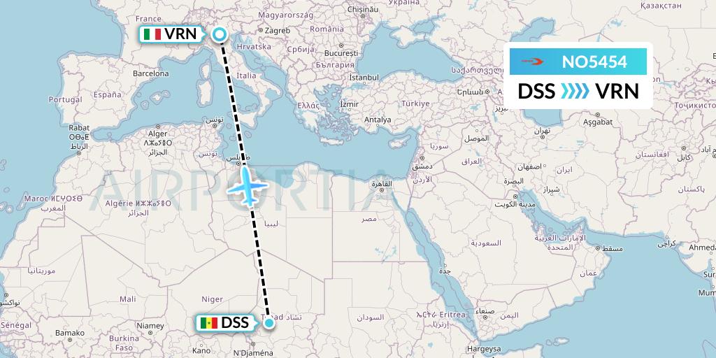 NO5454 Neos Flight Map: Dakar to Verona