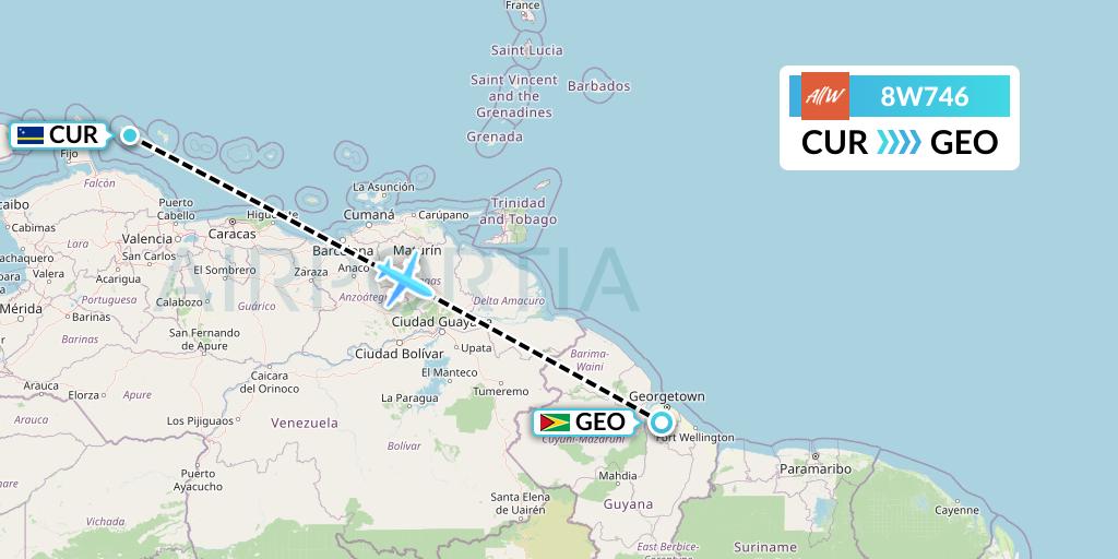8W746 Fly AllWays Flight Map: Willemstad to Georgetown