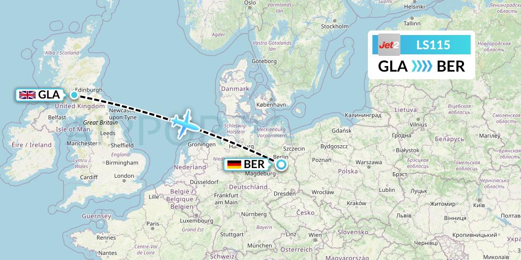 LS115 Jet2 Flight Map: Glasgow to Berlin