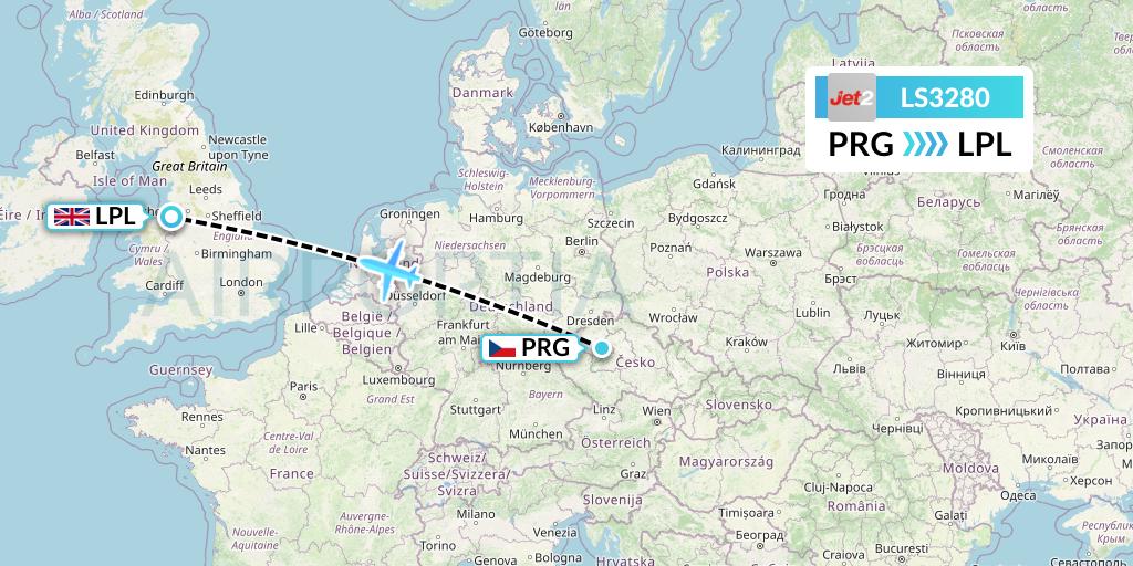 LS3280 Jet2 Flight Map: Prague to Liverpool