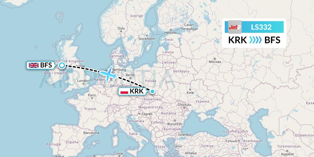 LS332 Jet2 Flight Map: Krakow to Belfast