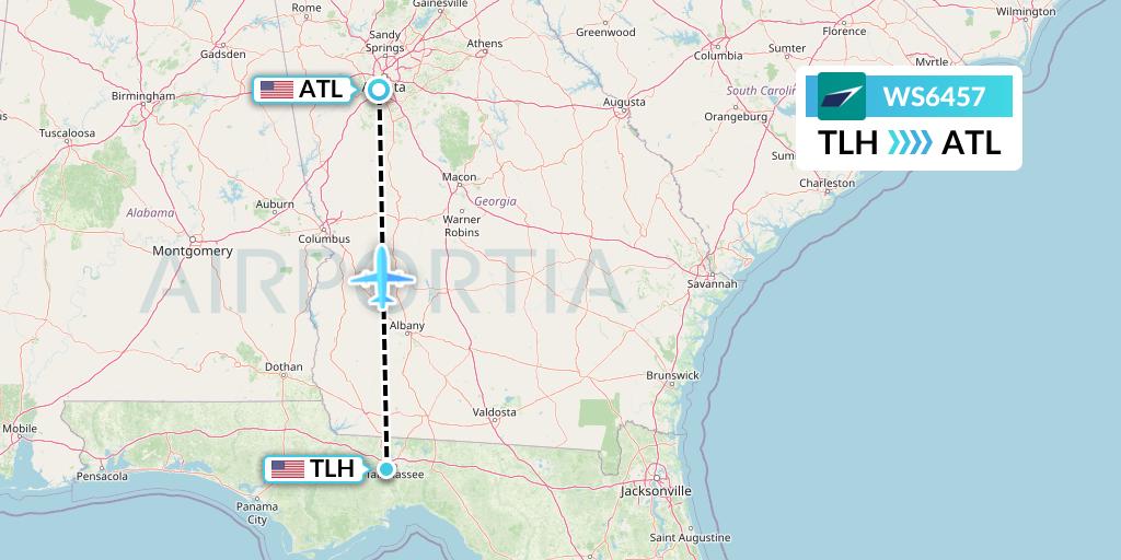 WS6457 WestJet Flight Map: Tallahassee to Atlanta