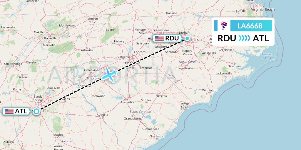 LA6668 LAN Airlines Flight Map: Raleigh-Durham to Atlanta