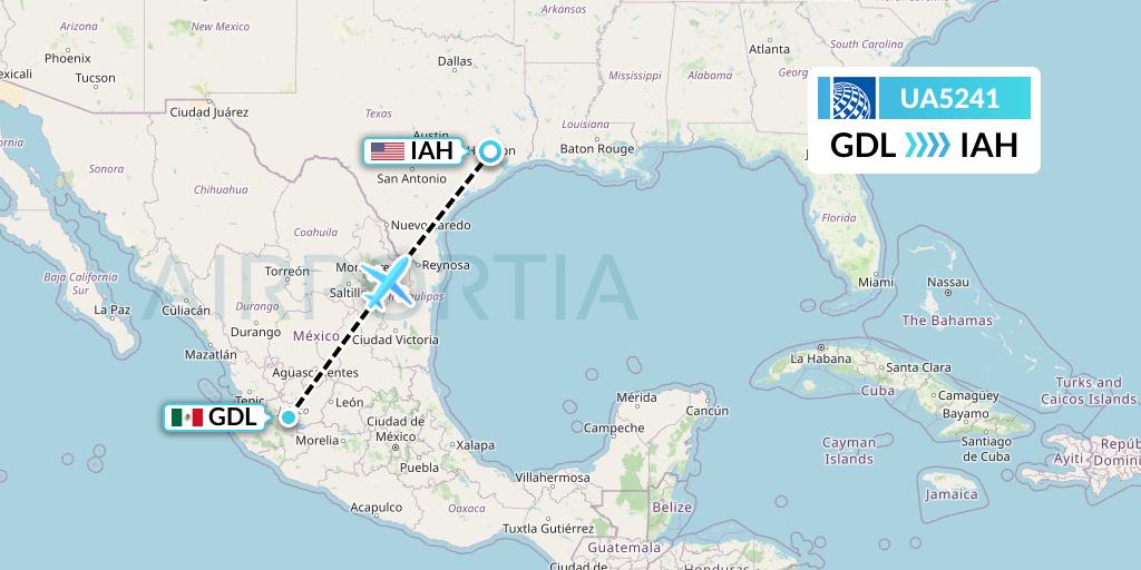 UA5241 United Airlines Flight Map: Guadalajara to Houston