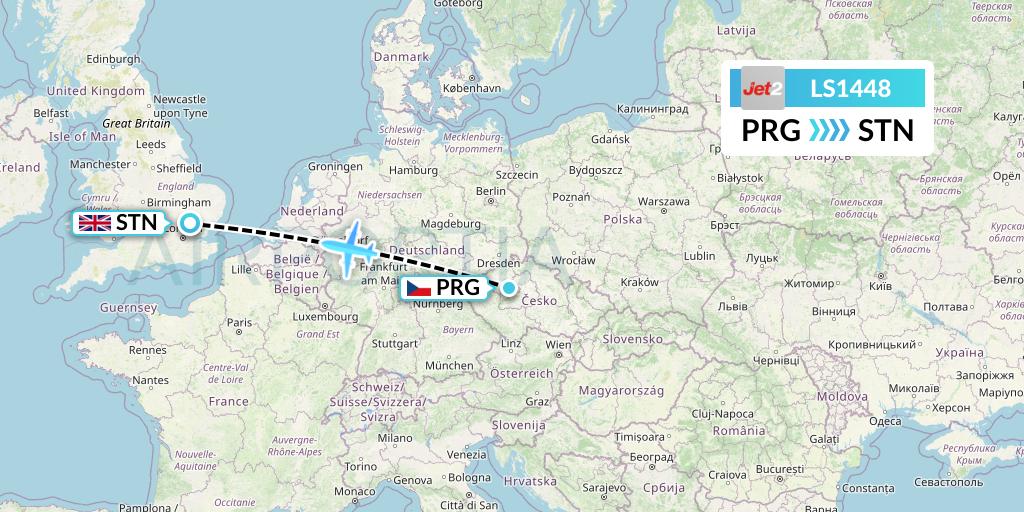 LS1448 Jet2 Flight Map: Prague to London