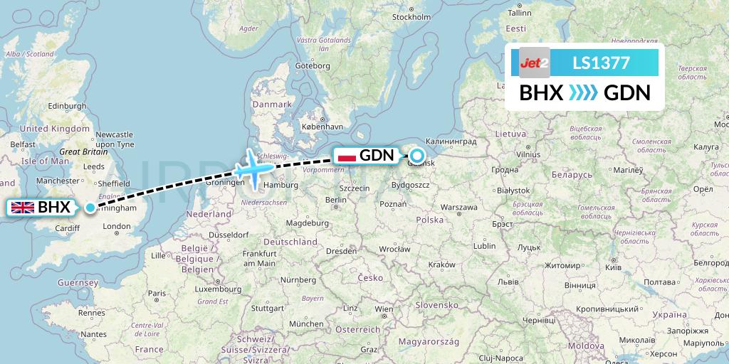 LS1377 Jet2 Flight Map: Birmingham to Gdansk