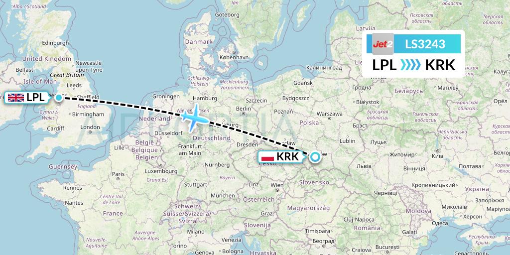 LS3243 Jet2 Flight Map: Liverpool to Krakow