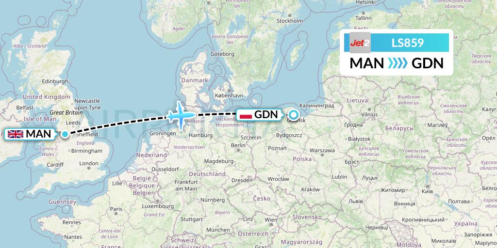 LS859 Jet2 Flight Map: Manchester to Gdansk