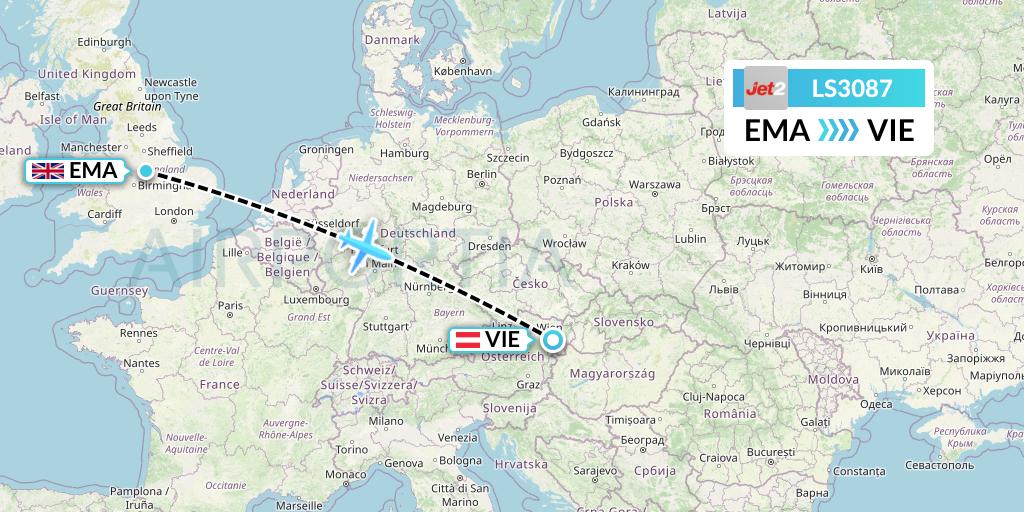 LS3087 Jet2 Flight Map: East Midlands to Vienna