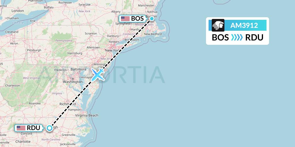 AM3912 Aeromexico Flight Map: Boston to Raleigh-Durham