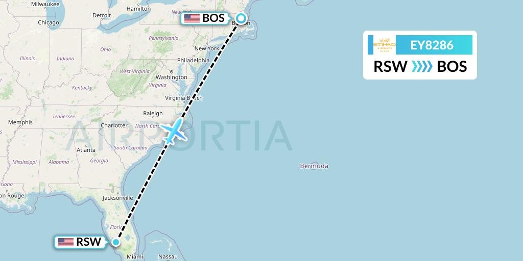 EY8286 Etihad Airways Flight Map: Fort Myers to Boston