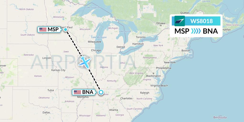 WS8018 WestJet Flight Map: Minneapolis to Nashville