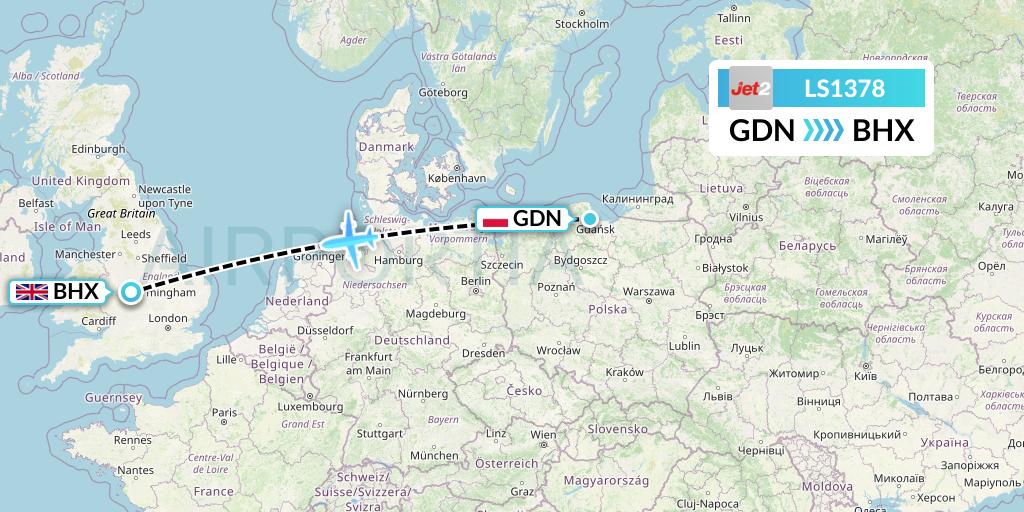 LS1378 Jet2 Flight Map: Gdansk to Birmingham