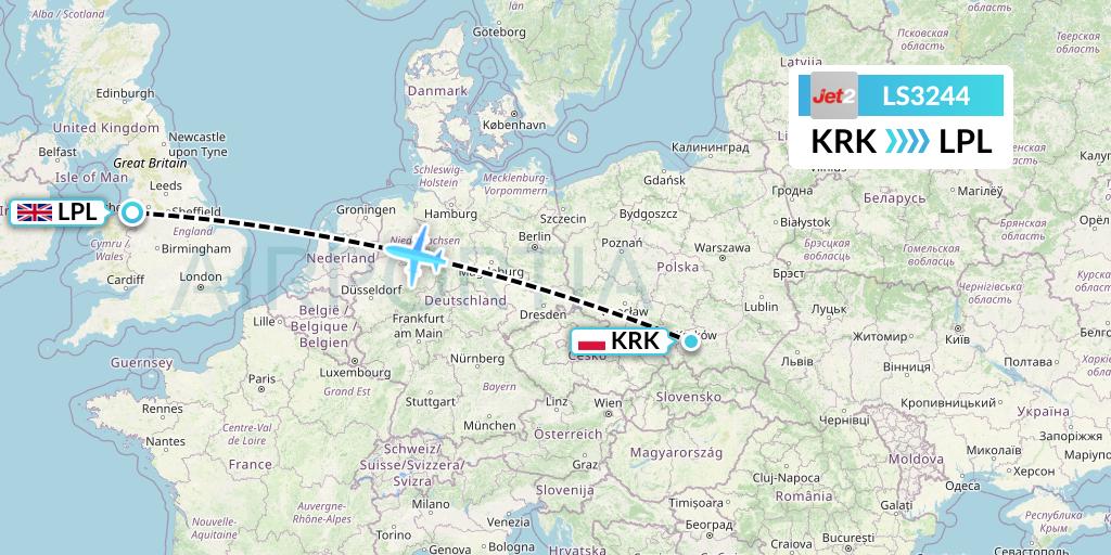 LS3244 Jet2 Flight Map: Krakow to Liverpool