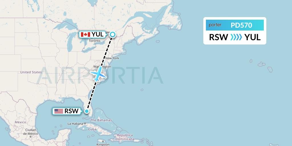 PD570 Porter Airlines Flight Map: Fort Myers to Montreal