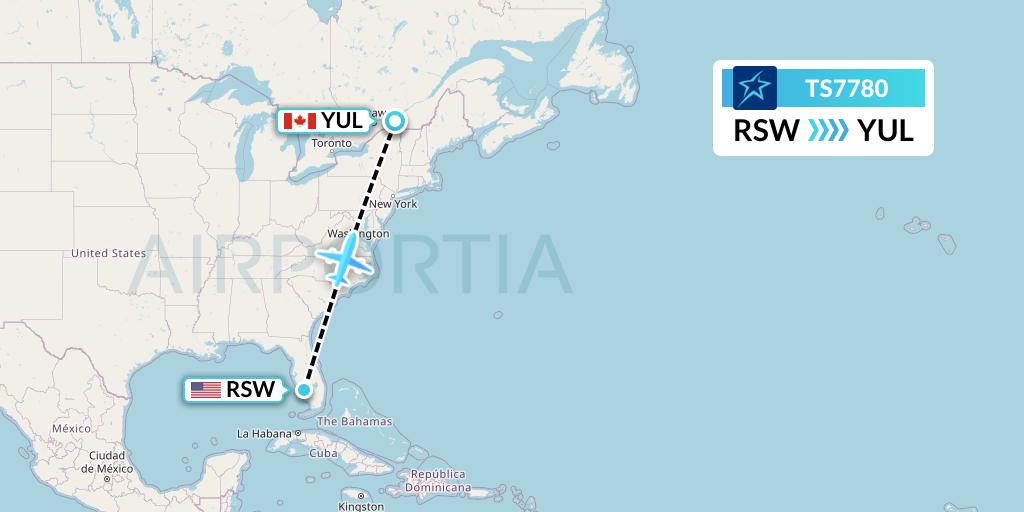 TS7780 Air Transat Flight Map: Fort Myers to Montreal