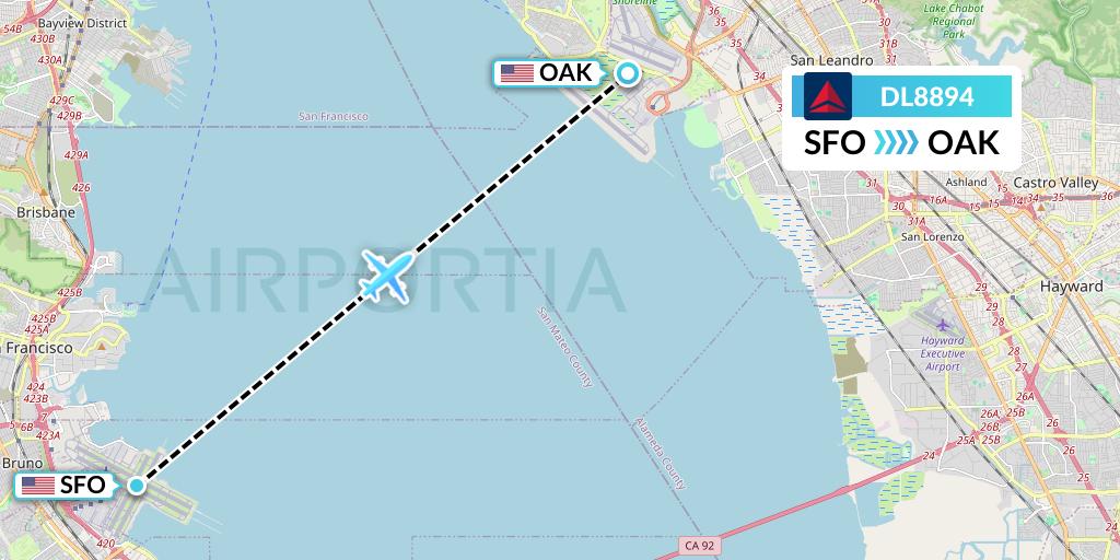 DL8894 Delta Air Lines Flight Map: San Francisco to Oakland