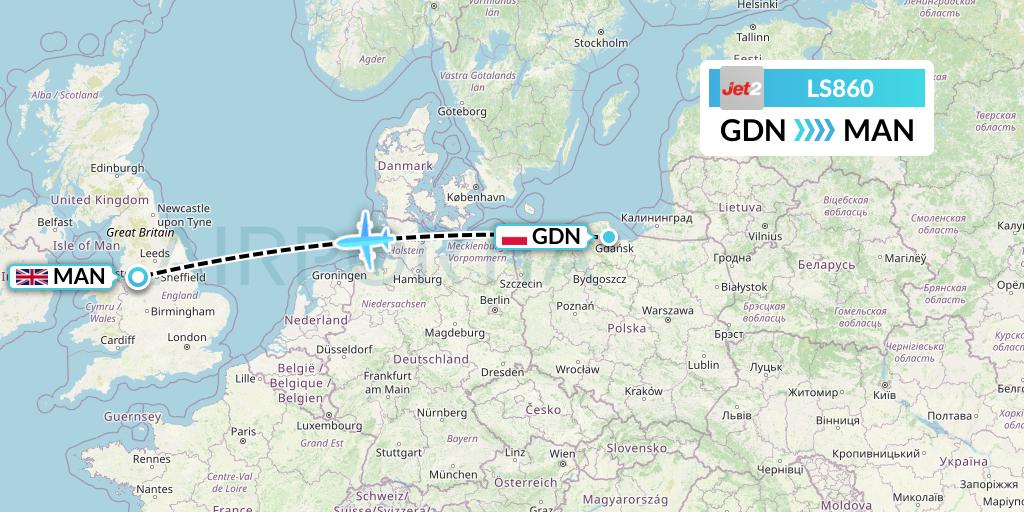 LS860 Jet2 Flight Map: Gdansk to Manchester