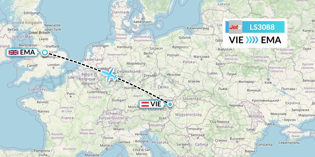 LS3088 Jet2 Flight Map: Vienna to East Midlands