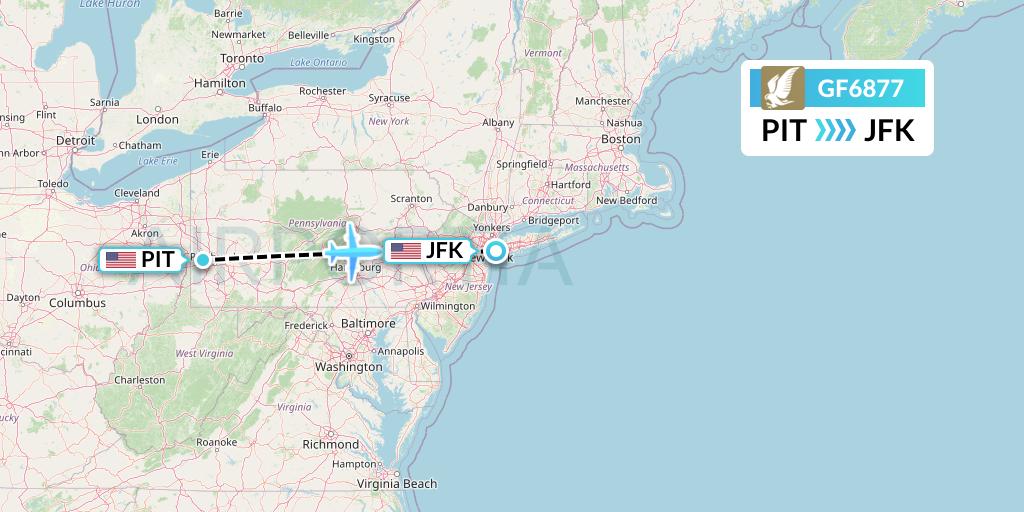 GF6877 Gulf Air Flight Map: Pittsburgh to New York