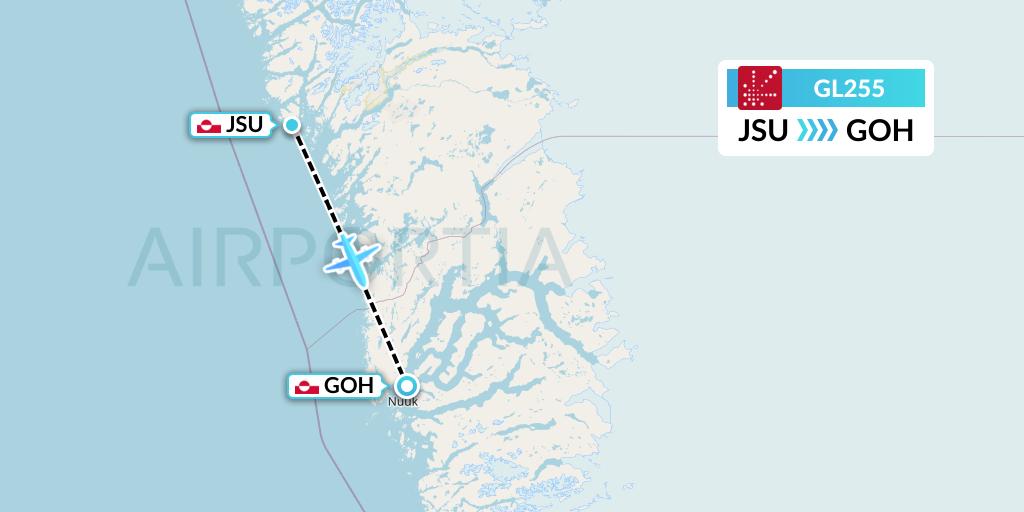 GL255 Air Greenland Flight Map: Maniitsoq to Nuuk