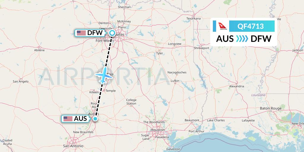 QF4713 Qantas Flight Map: Austin to Dallas