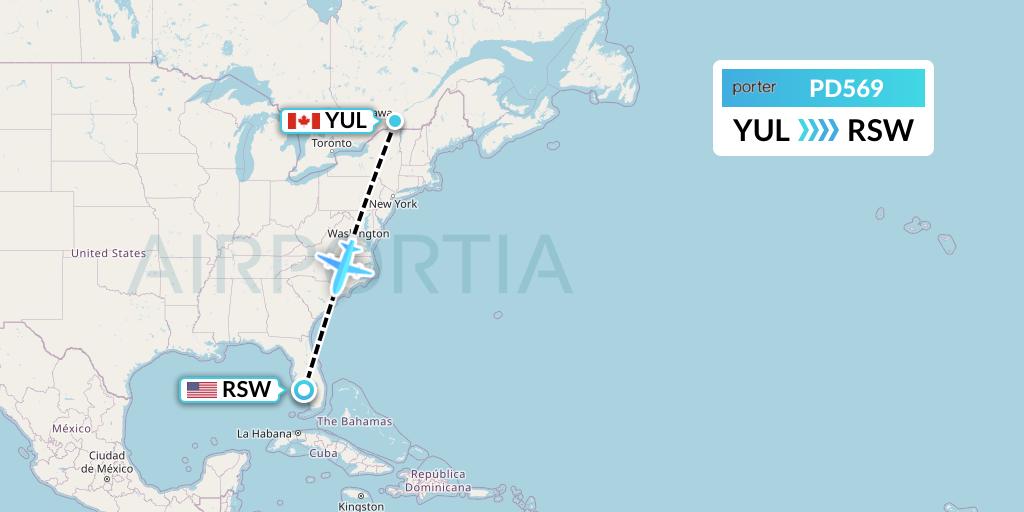 PD569 Porter Airlines Flight Map: Montreal to Fort Myers