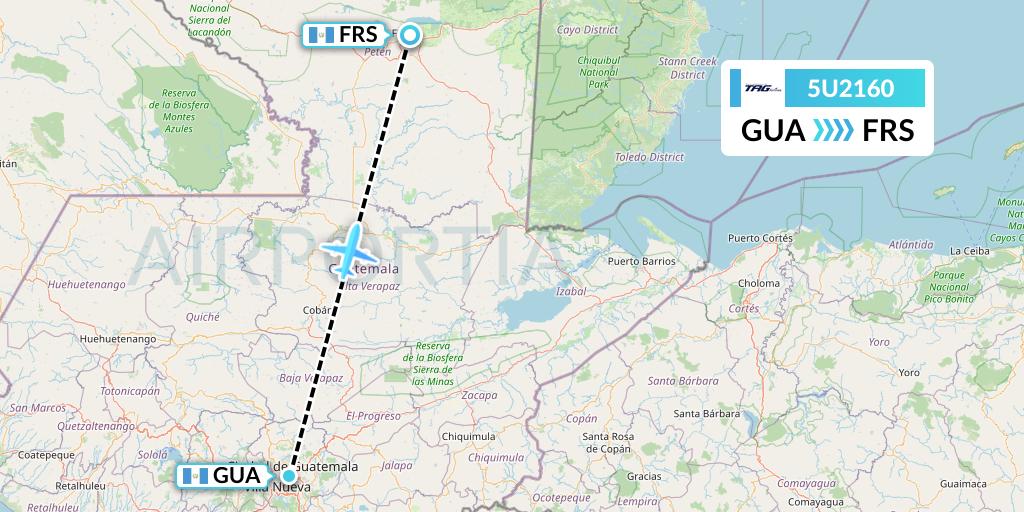 5U2160 TAG Airlines Flight Map: Guatemala City to Flores