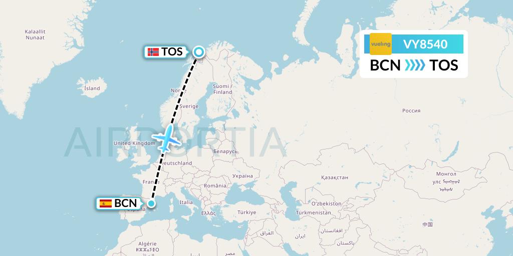 VY8540 Vueling Flight Map: Barcelona to Tromso