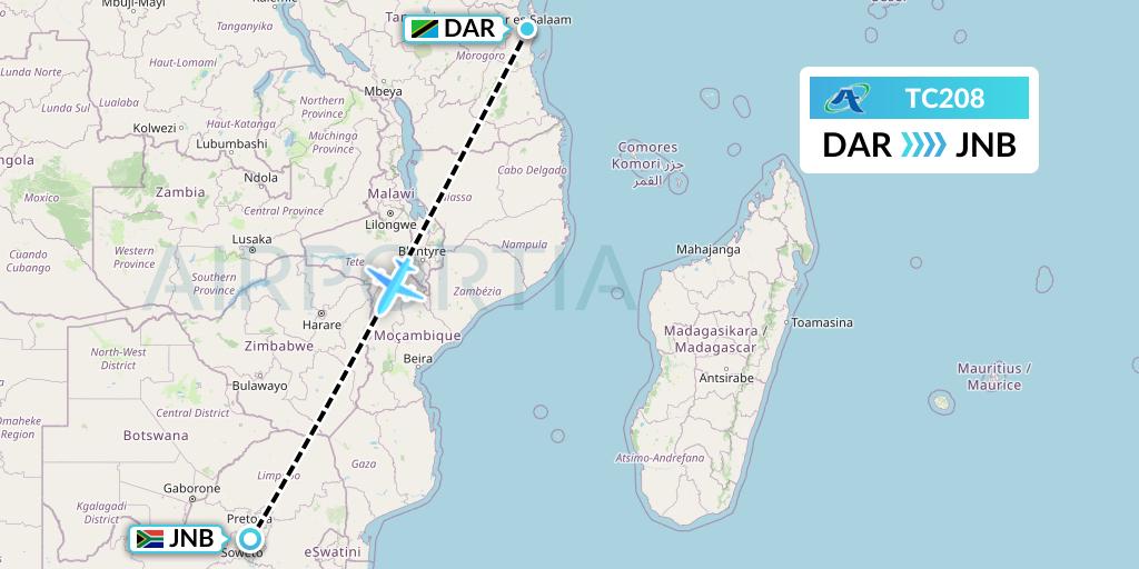 TC208 Air Tanzania Flight Map: Dar-es-Salaam to Johannesburg