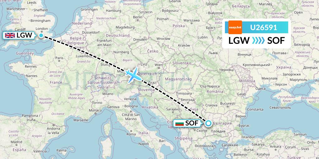 U26591 EasyJet Flight Map: London to Sofia