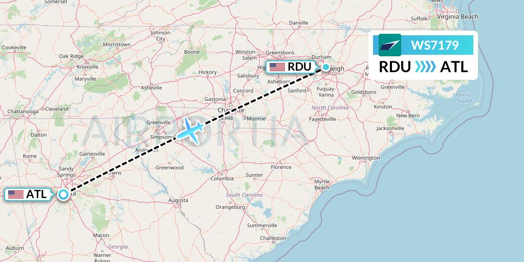 WS7179 WestJet Flight Map: Raleigh-Durham to Atlanta