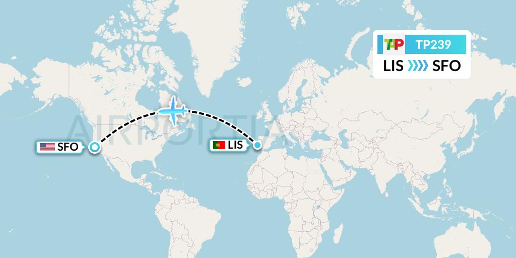 TP239 TAP Portugal Flight Map: Lisbon to San Francisco