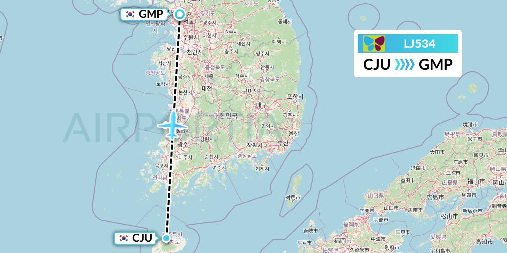 LJ534 Jin Air Flight Map: Jeju to Seoul
